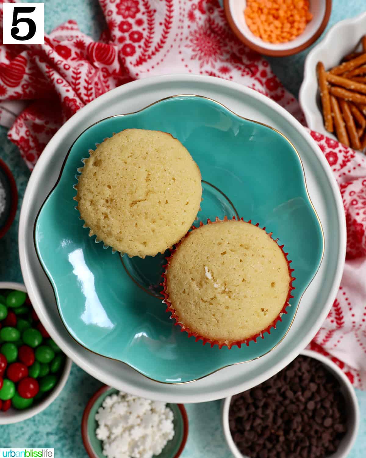 two vanilla cupcakes on a blue plate.