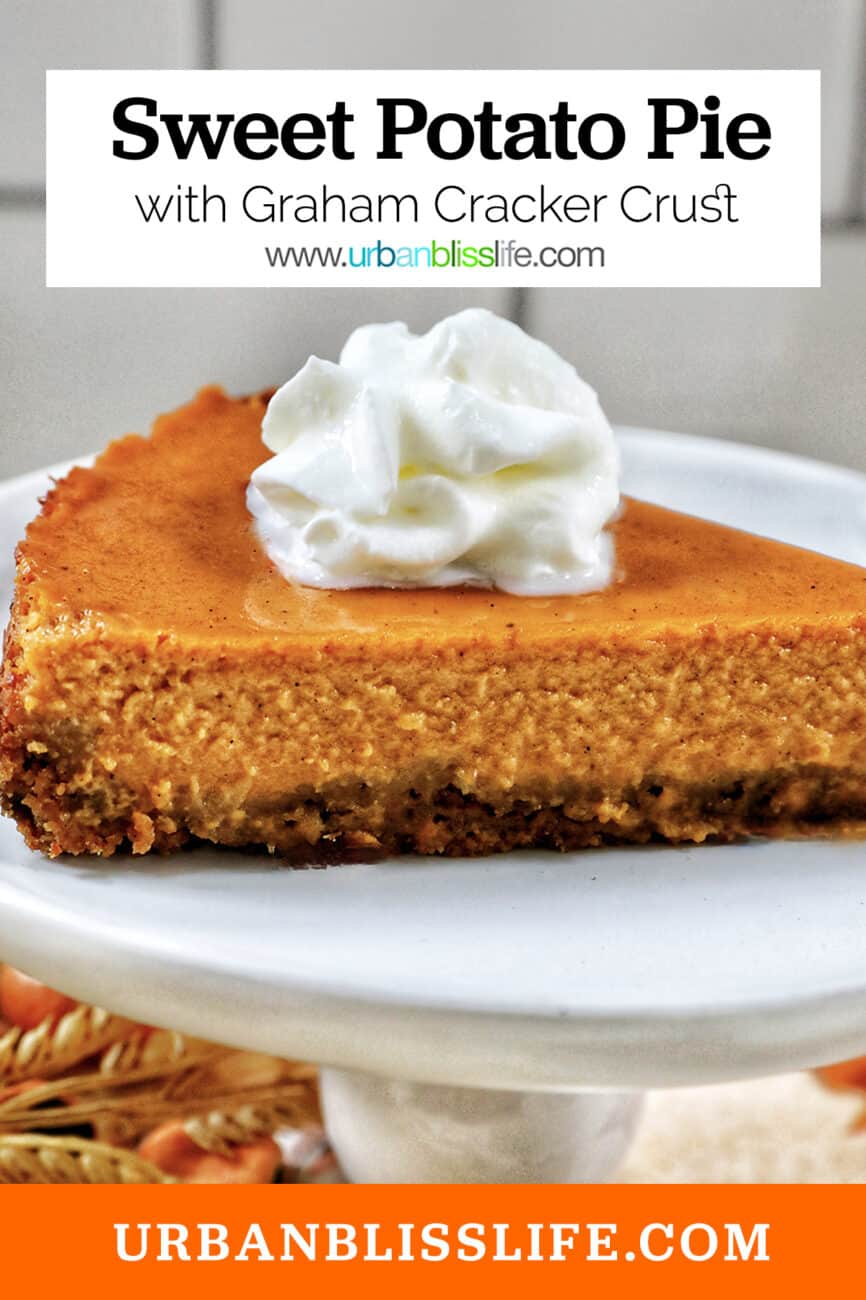 slice of sweet potato pie with whipped cream on a white plate with title text.