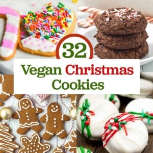 several different kinds of Christmas cookies with title text that reads "32 Vegan Christmas Cookies."