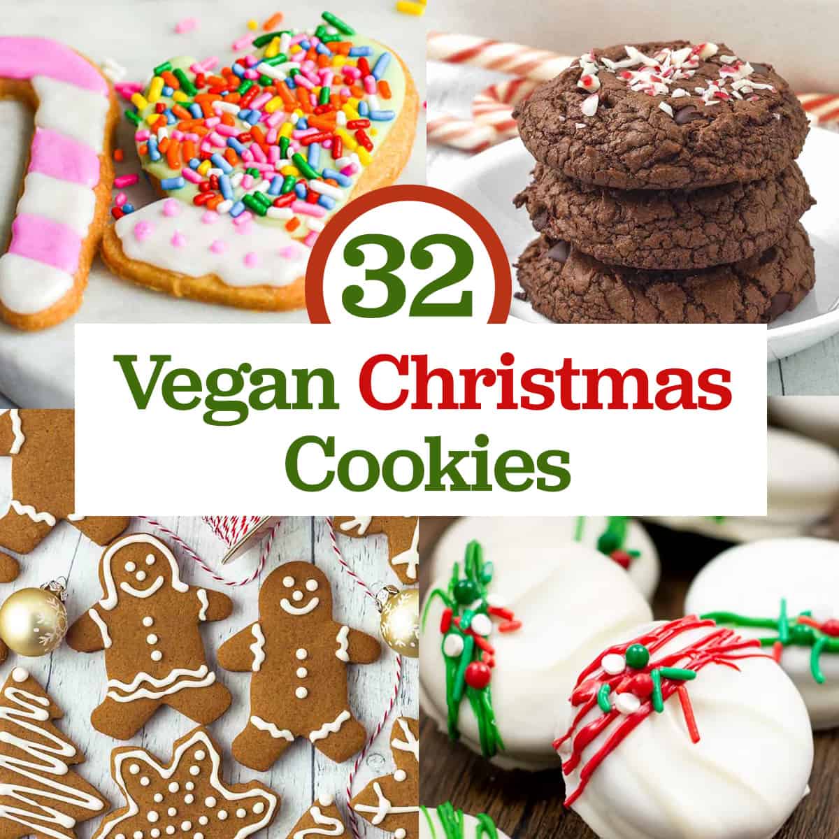 several different kinds of Christmas cookies with title text that reads "32 Vegan Christmas Cookies."