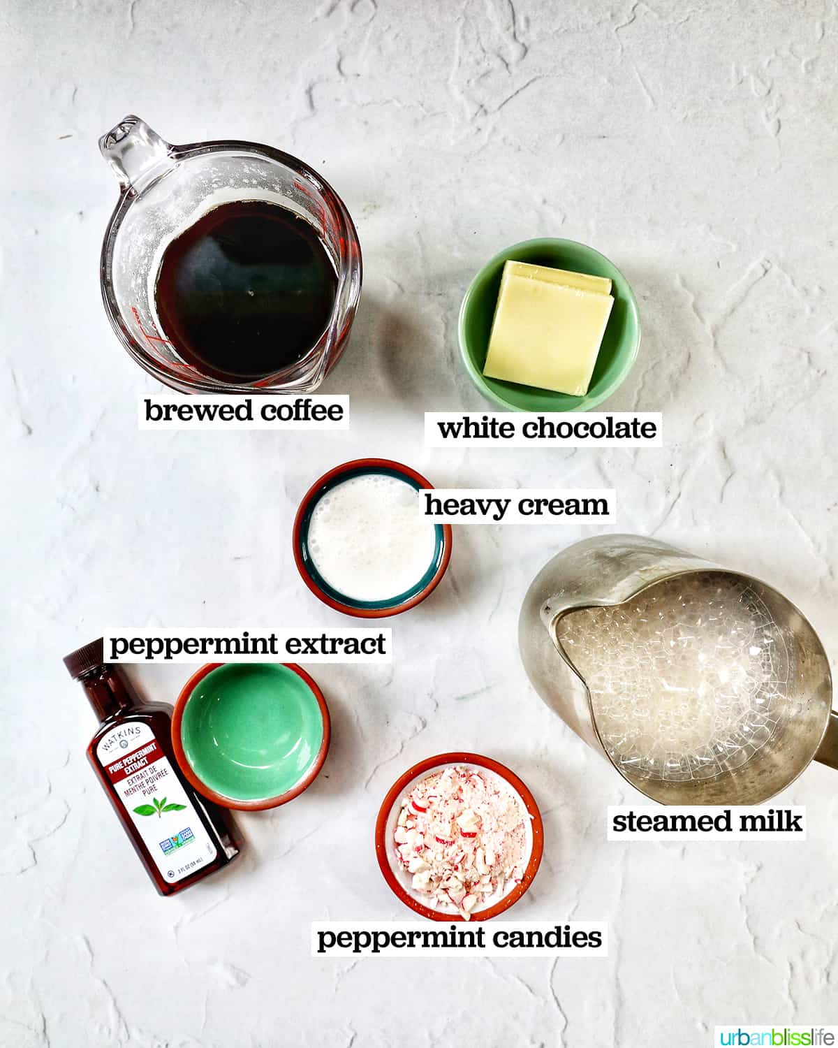 bowls of ingredients to make white chocolate peppermint mocha.