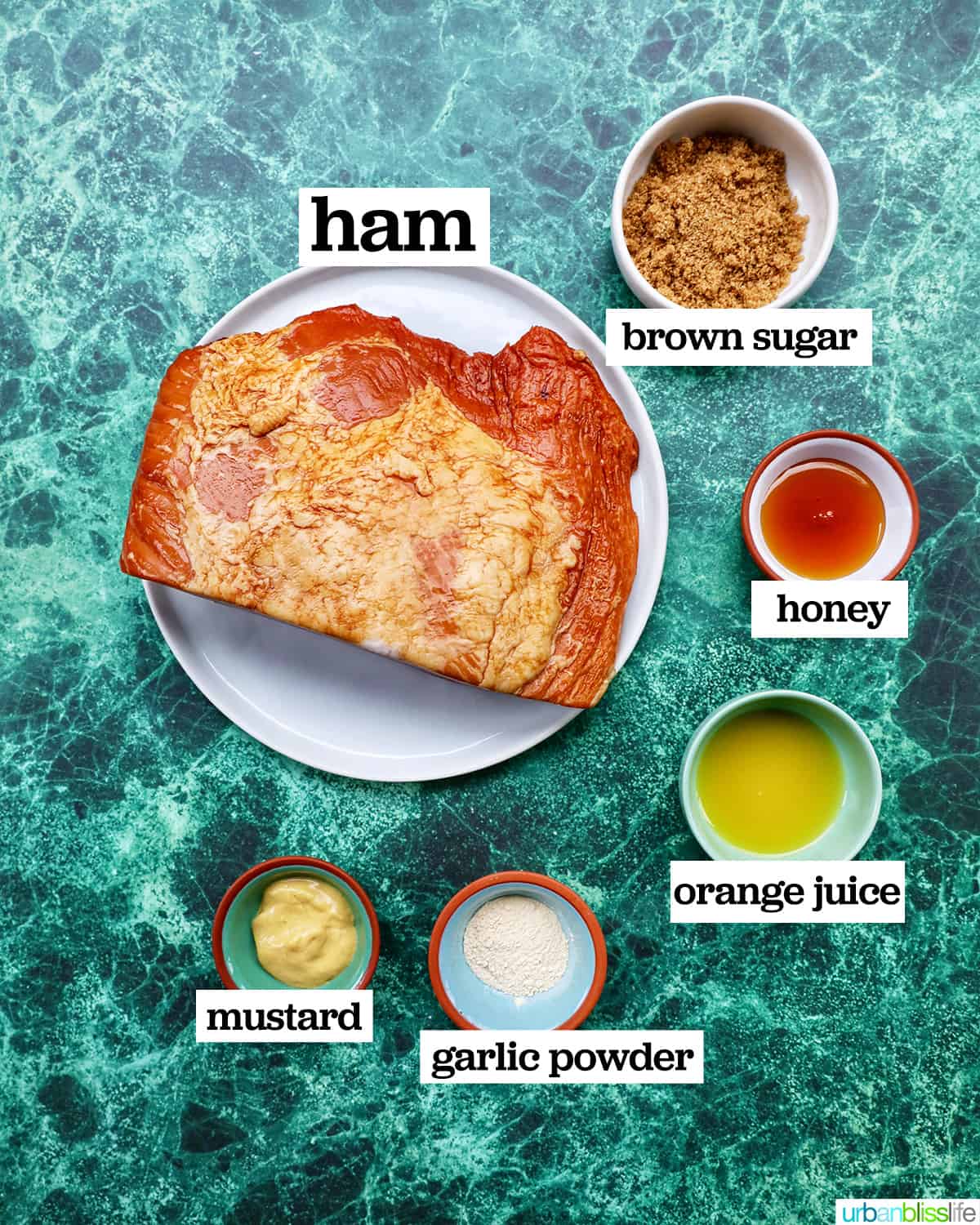 bowls and plates of ingredients to make air fryer glazed ham.
