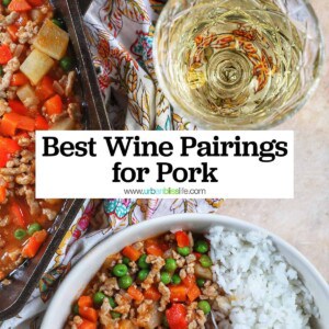 glass of white wine with bowls of ground pork menudo and rice, with title text overlay.