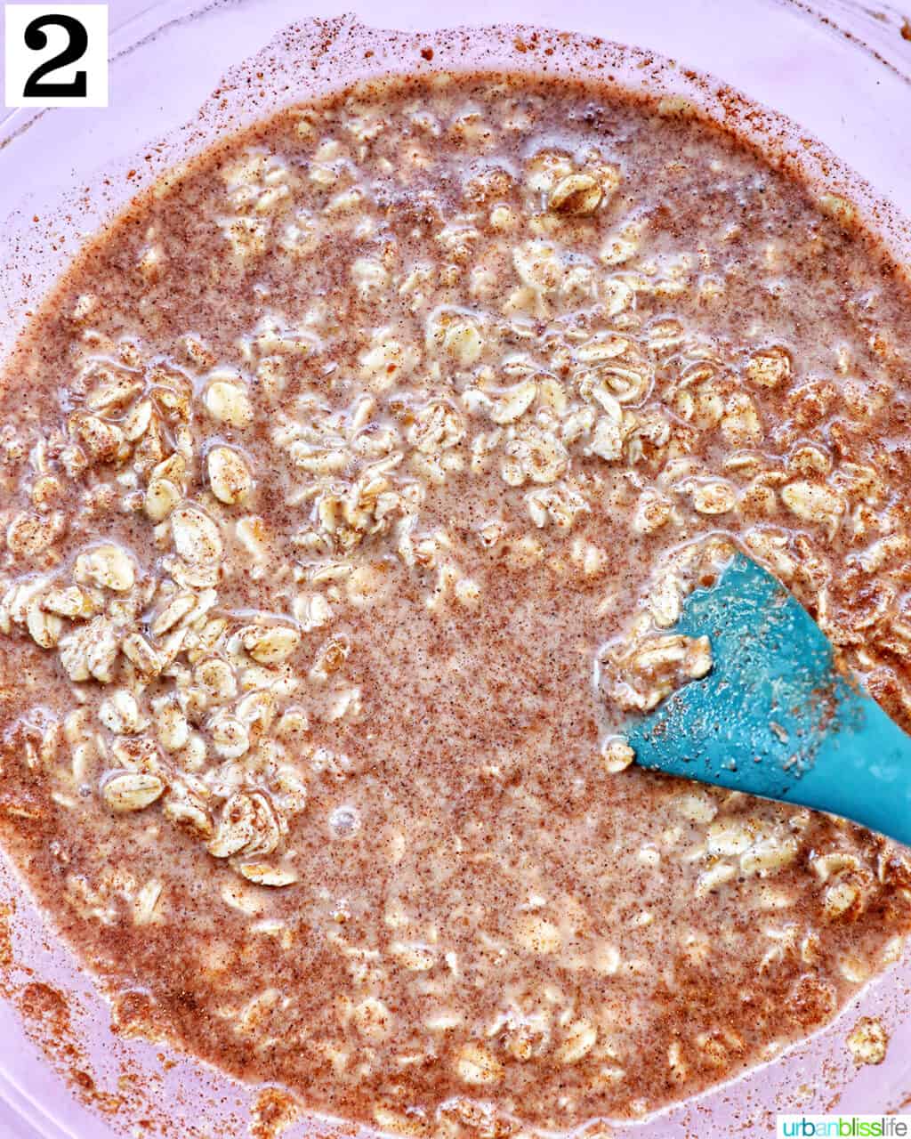 mixed ingredients to make Biscoff overnight oats in a large glass bowl.