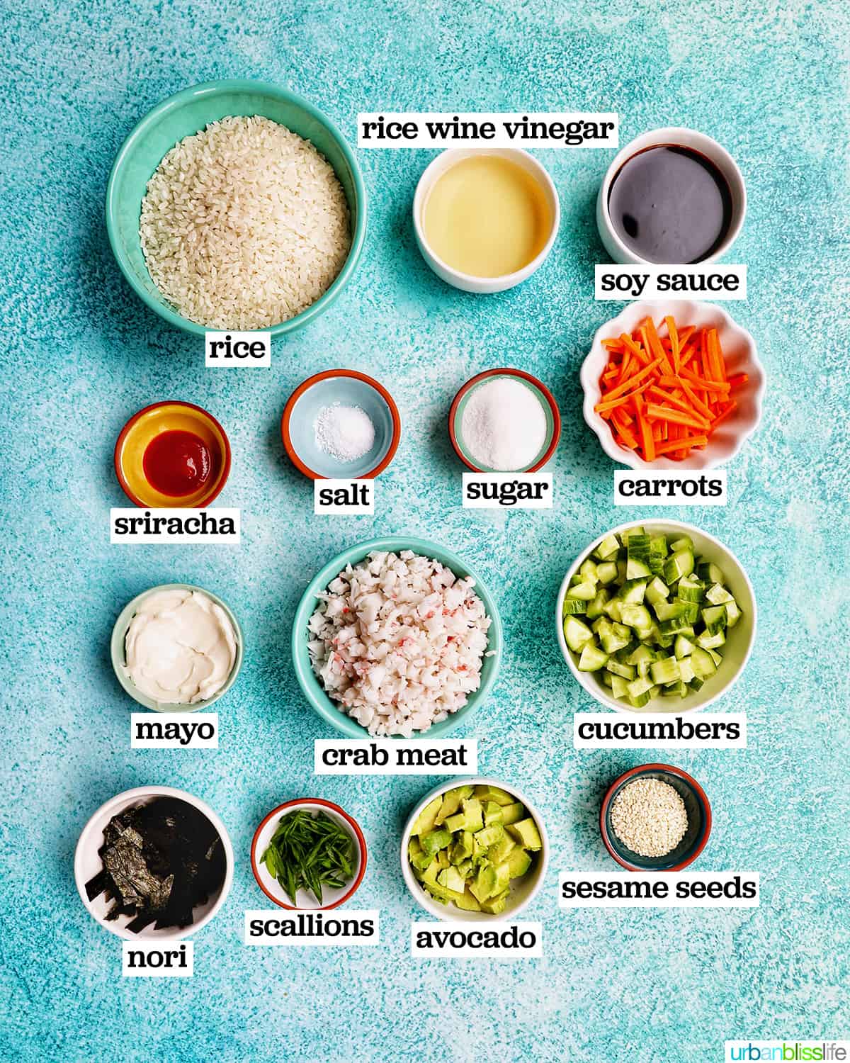 bowls of ingredients to make california sushi bowls.