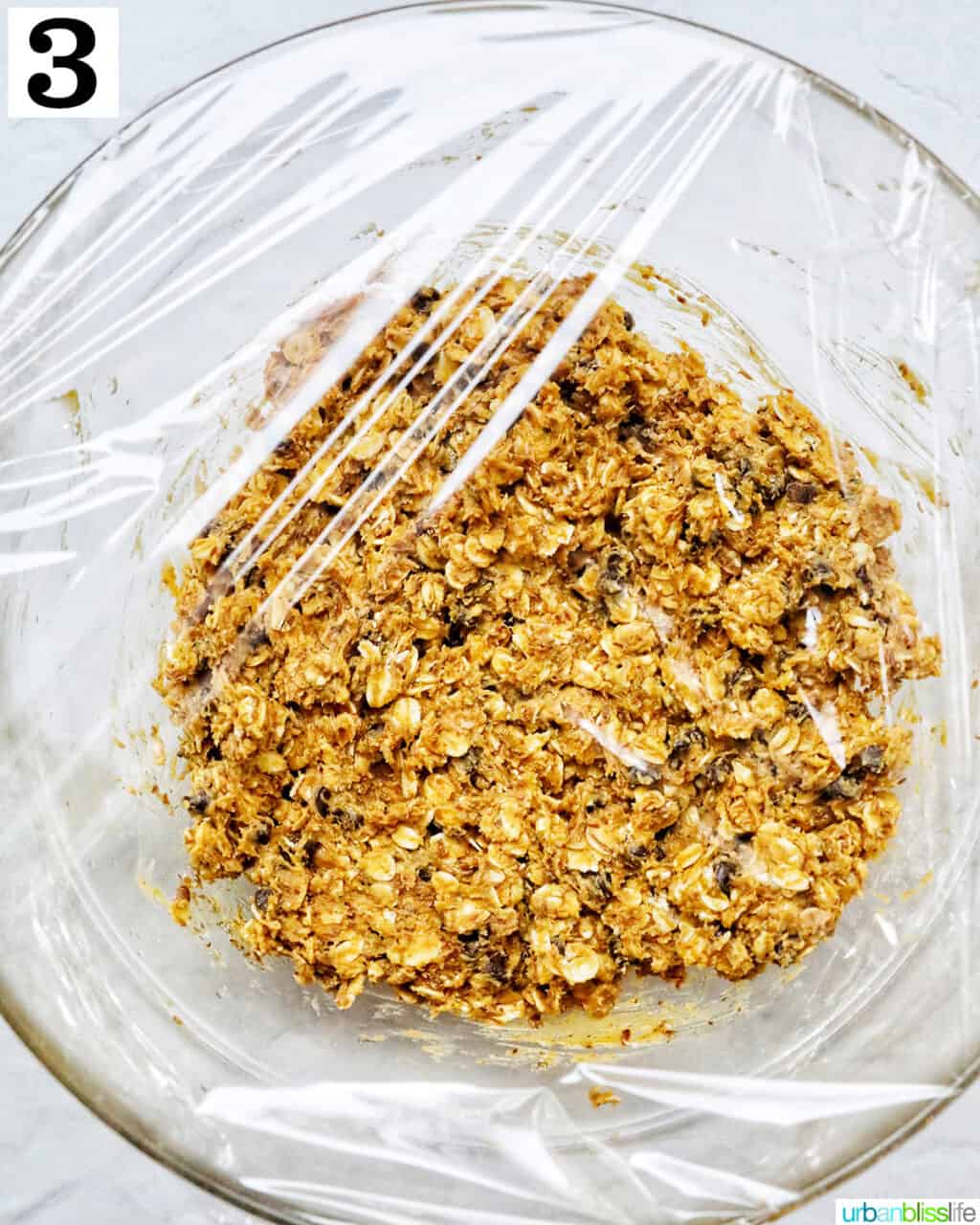 Peanut Butter Chocolate Chip Oatmeal Ball mix in a glass bowl wrapped in plastic wrap.