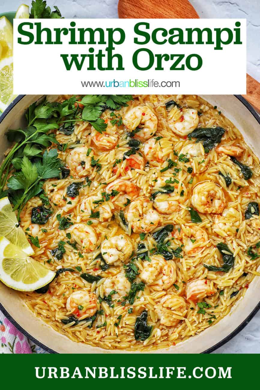Skillet with shrimp scampi and orzo, lemons, and parsley with title text overlay.