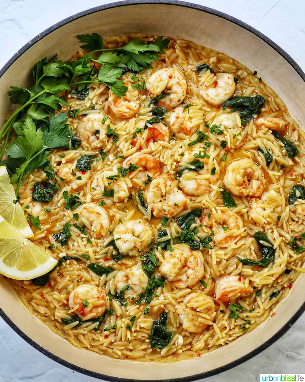Skillet with shrimp scampi and orzo, lemons, and parsley.