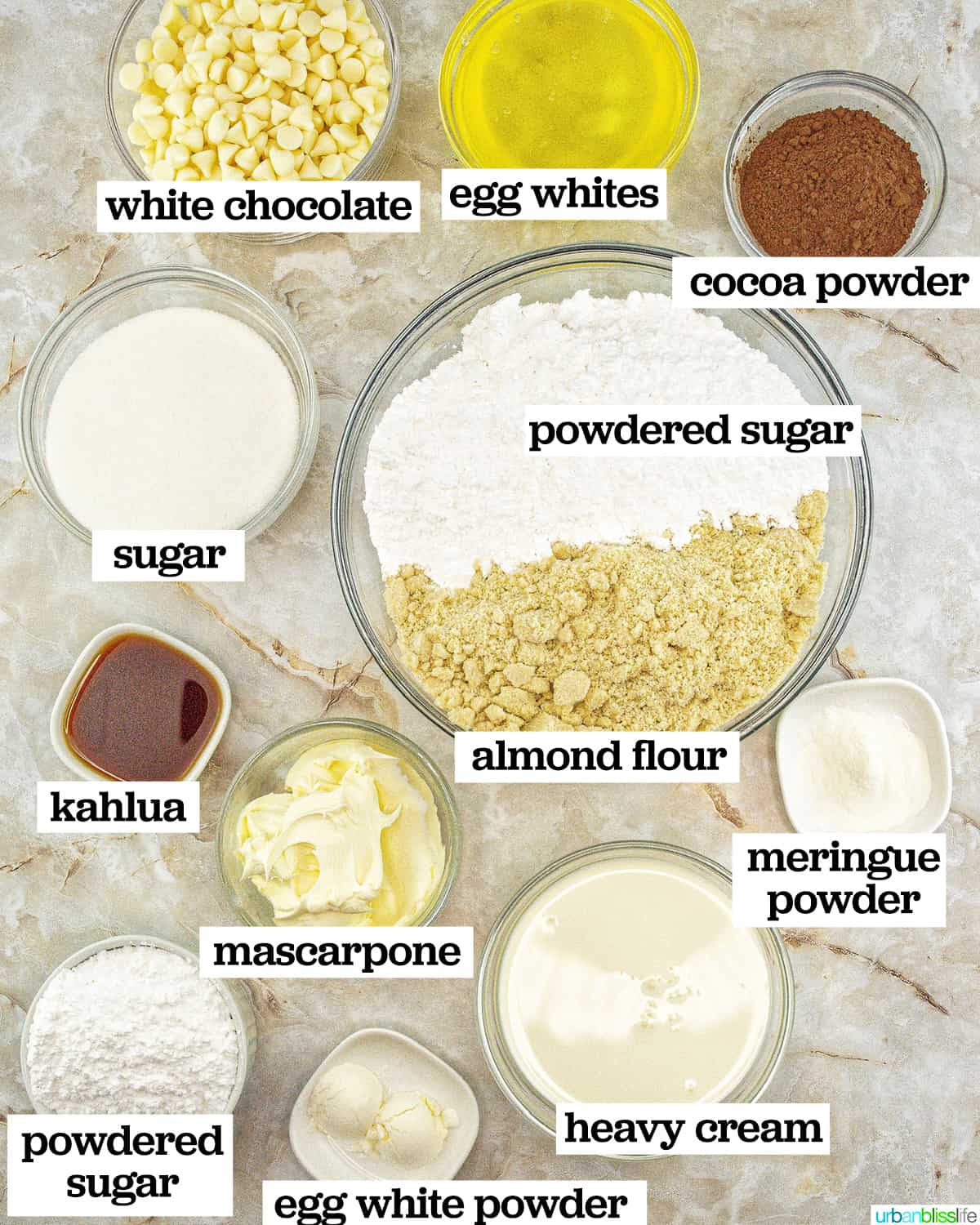 bowls of ingredients to make tiramisu macarons.