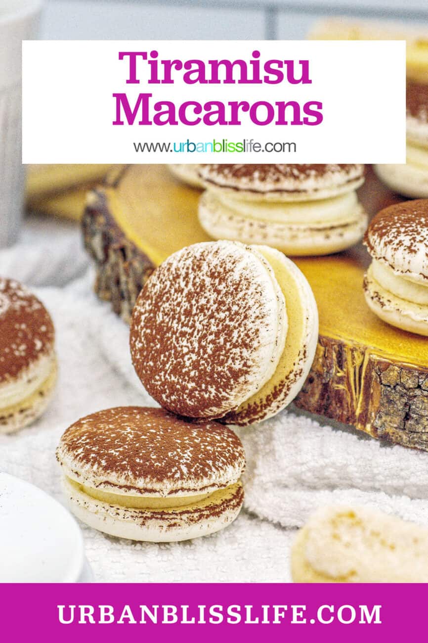stacks of tiramisu macaron cookies with title text overlay.