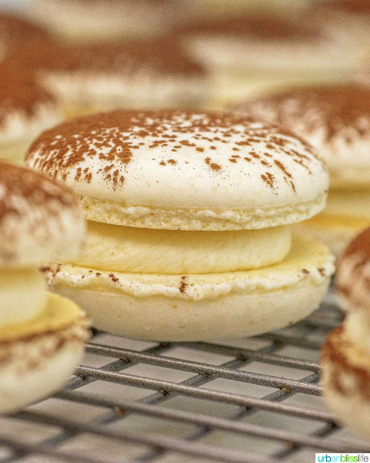 tiramisu macarons on a cooling rack.