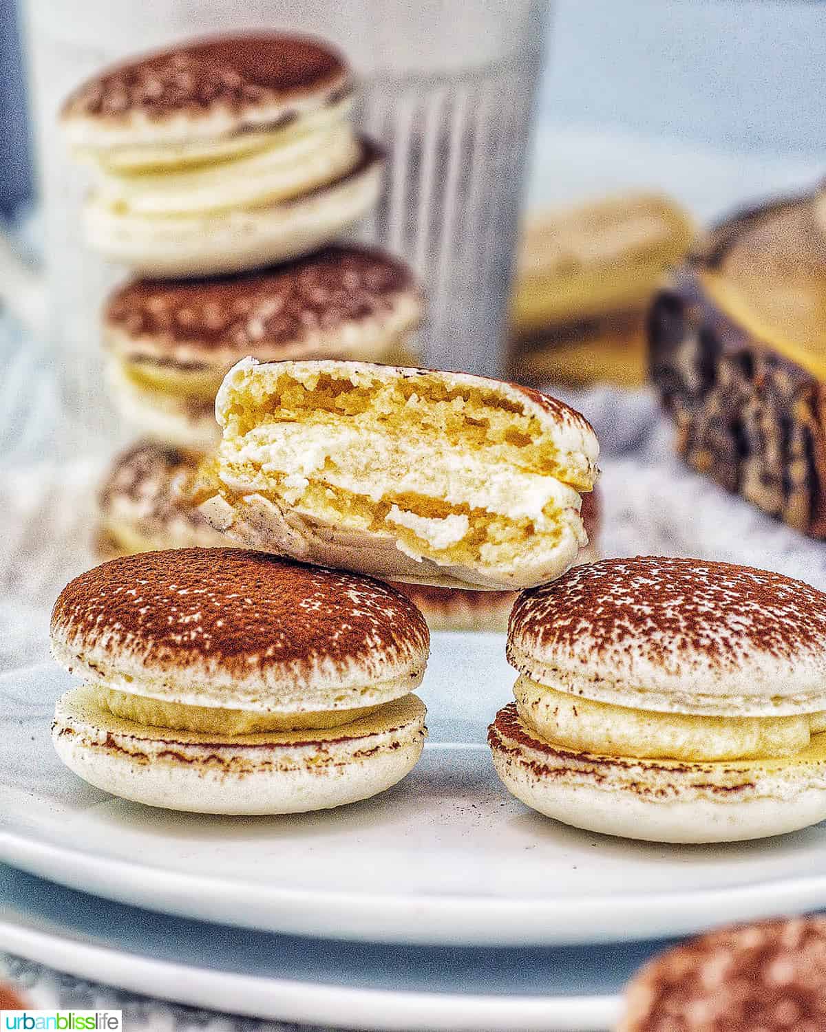 stacks of tiramisu macaron cookies.