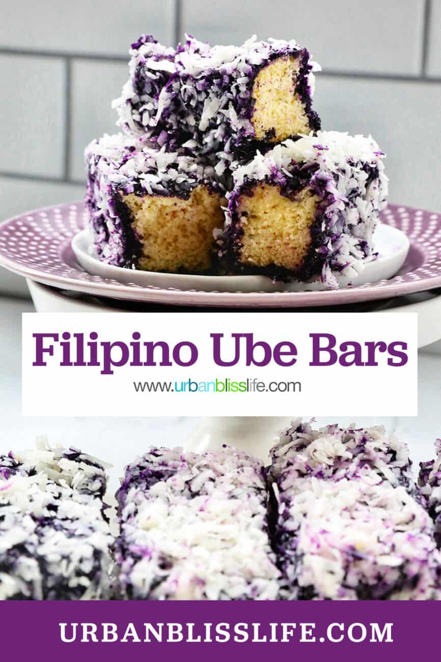 stack of ube bars sliced on a purple plated pedestal with a row of ube bars beneath with title text.