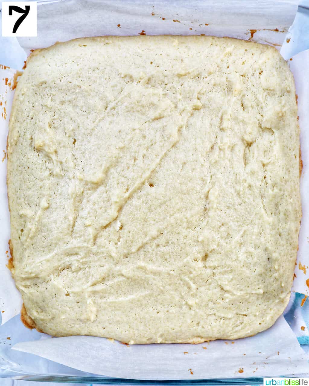 sponge cake baked in a parchment paper-lined glass baking dish.