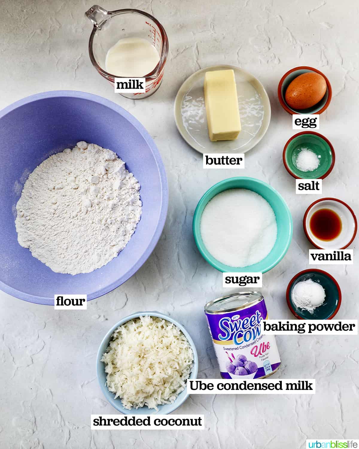 bowls of ingredients to make Filipino ube bars.