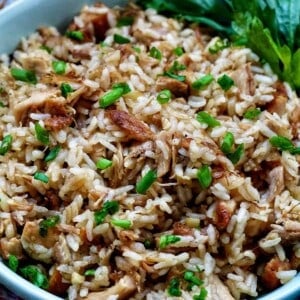 bowl of adobo fried rice with garnish of parsley.