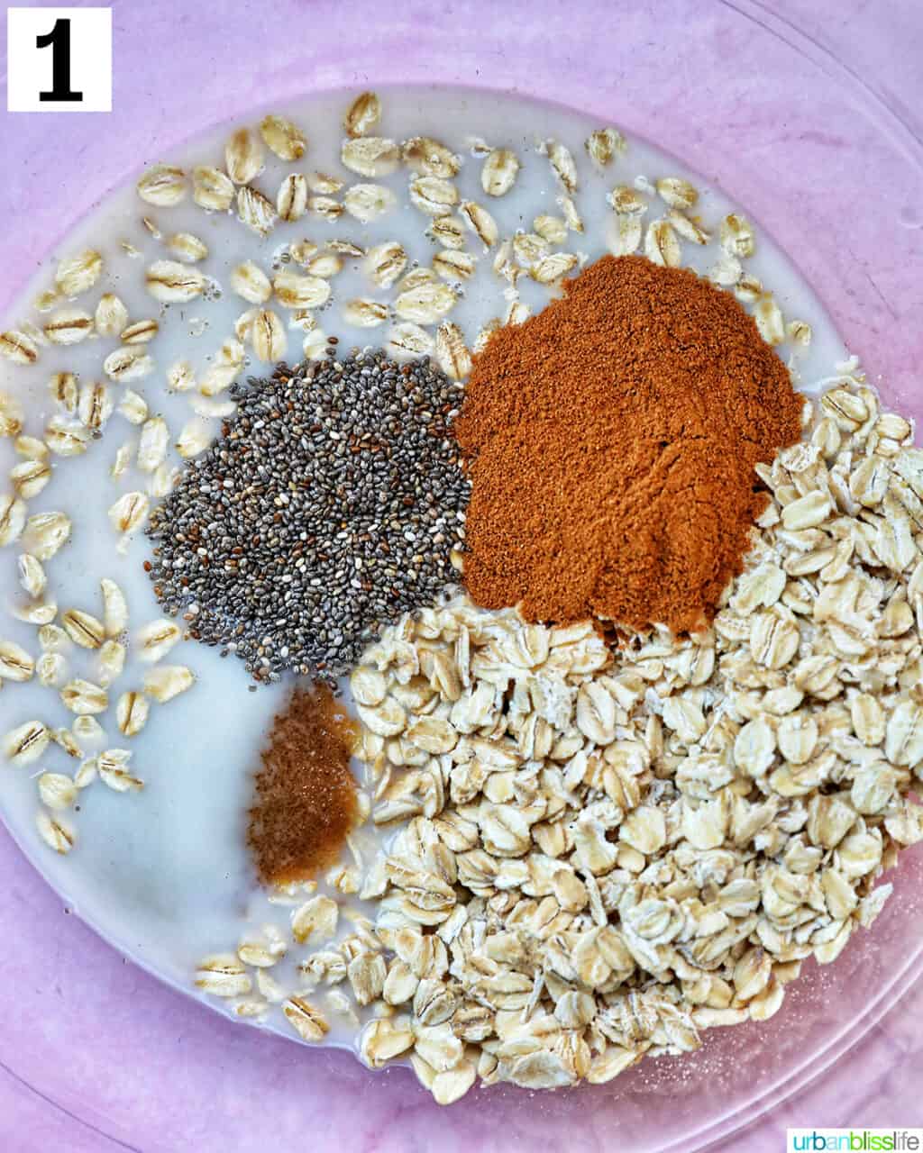 ingredients to make cinnamon roll overnight oats in a large glass bowl.
