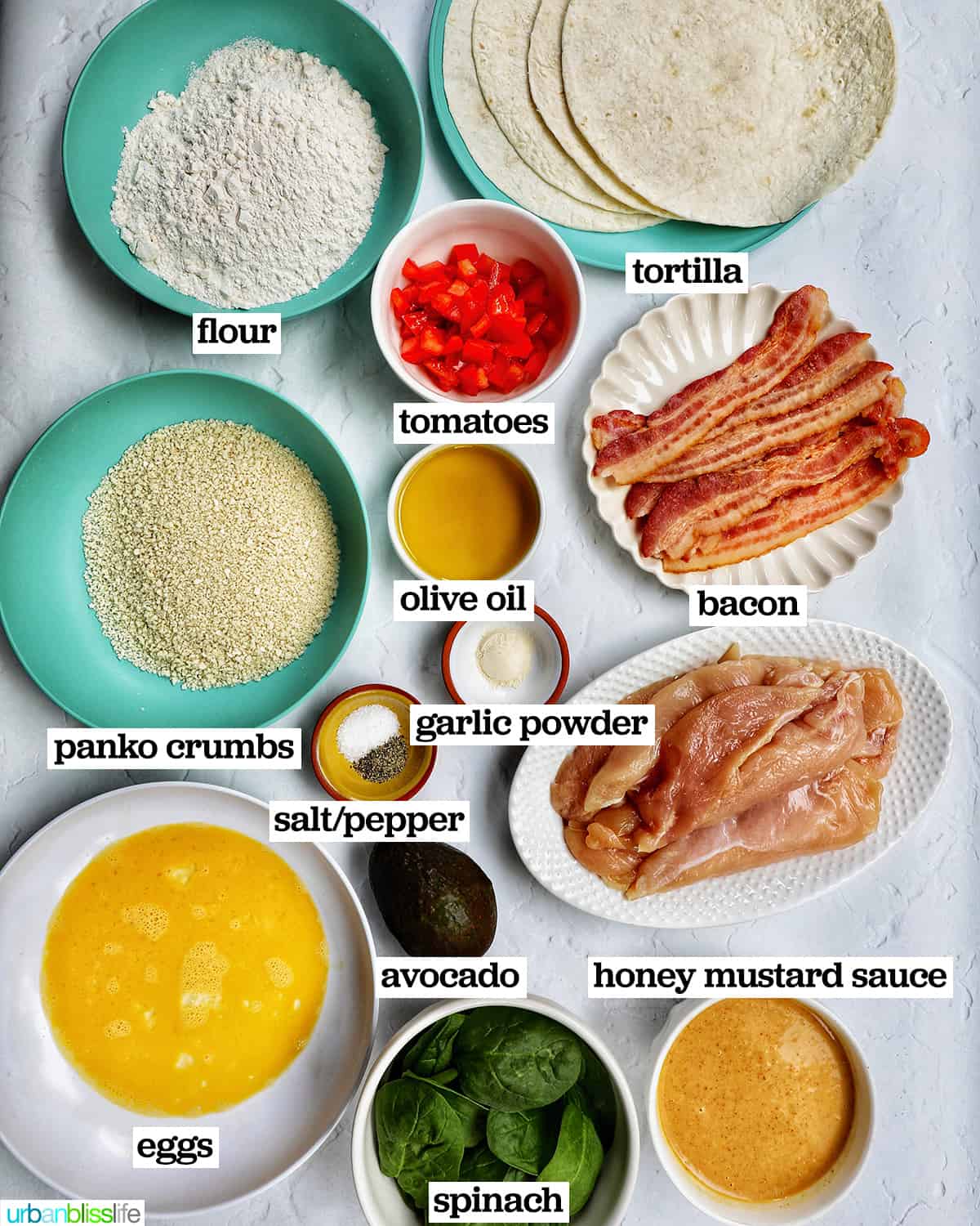 individual ingredients portioned out to make honey mustard chicken wraps.