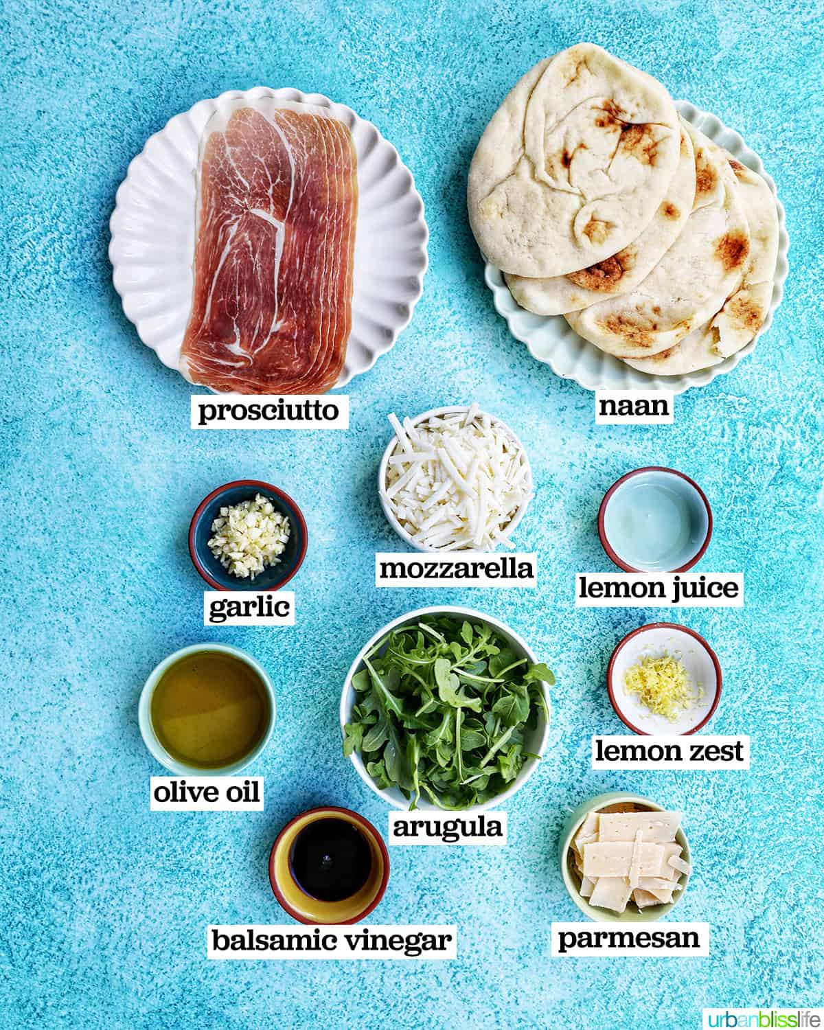 bowls of ingredients to make prosciutto flatbread.