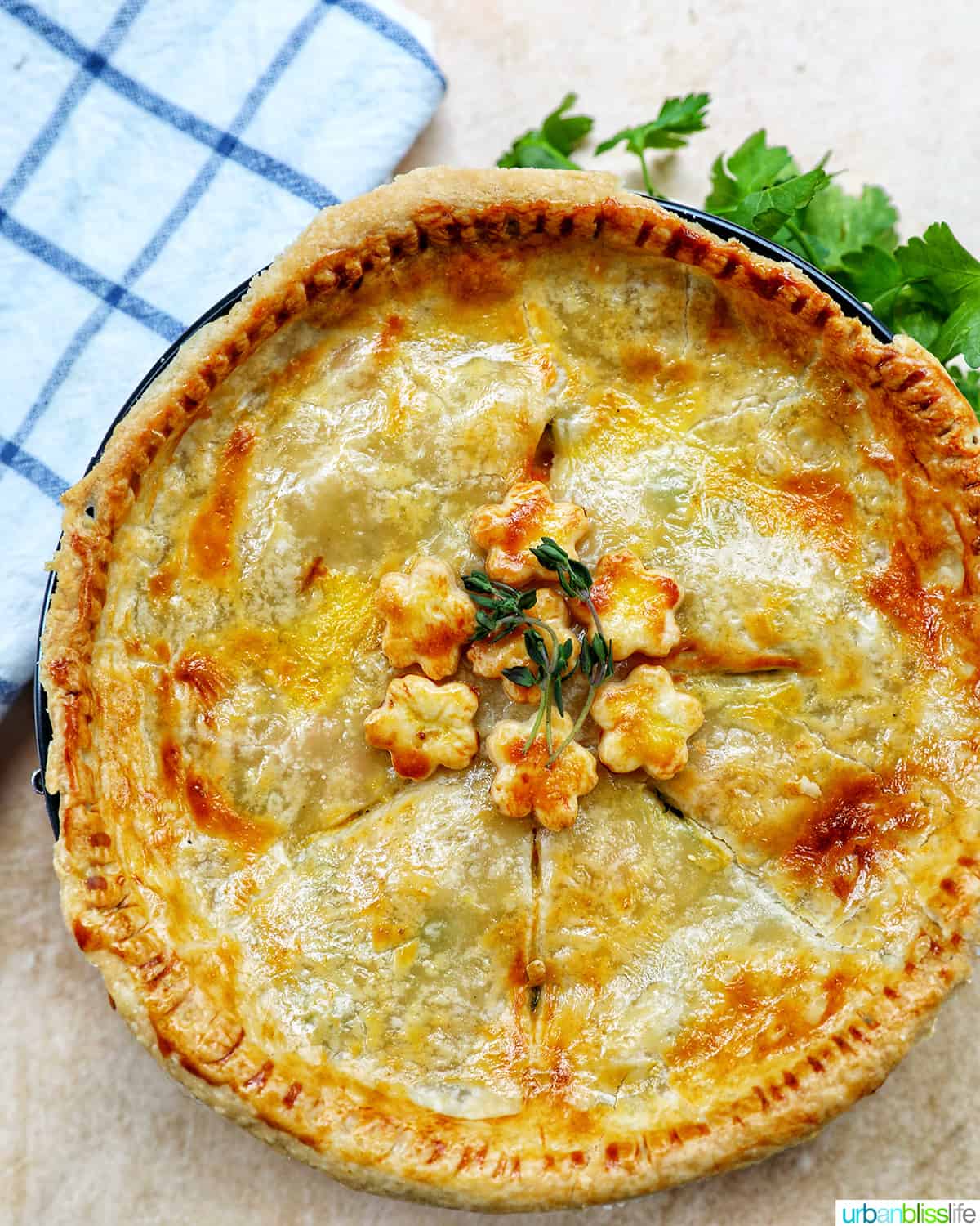 air fryer chicken pot pie with a checkered blue and white napkin and garnished with herbs.