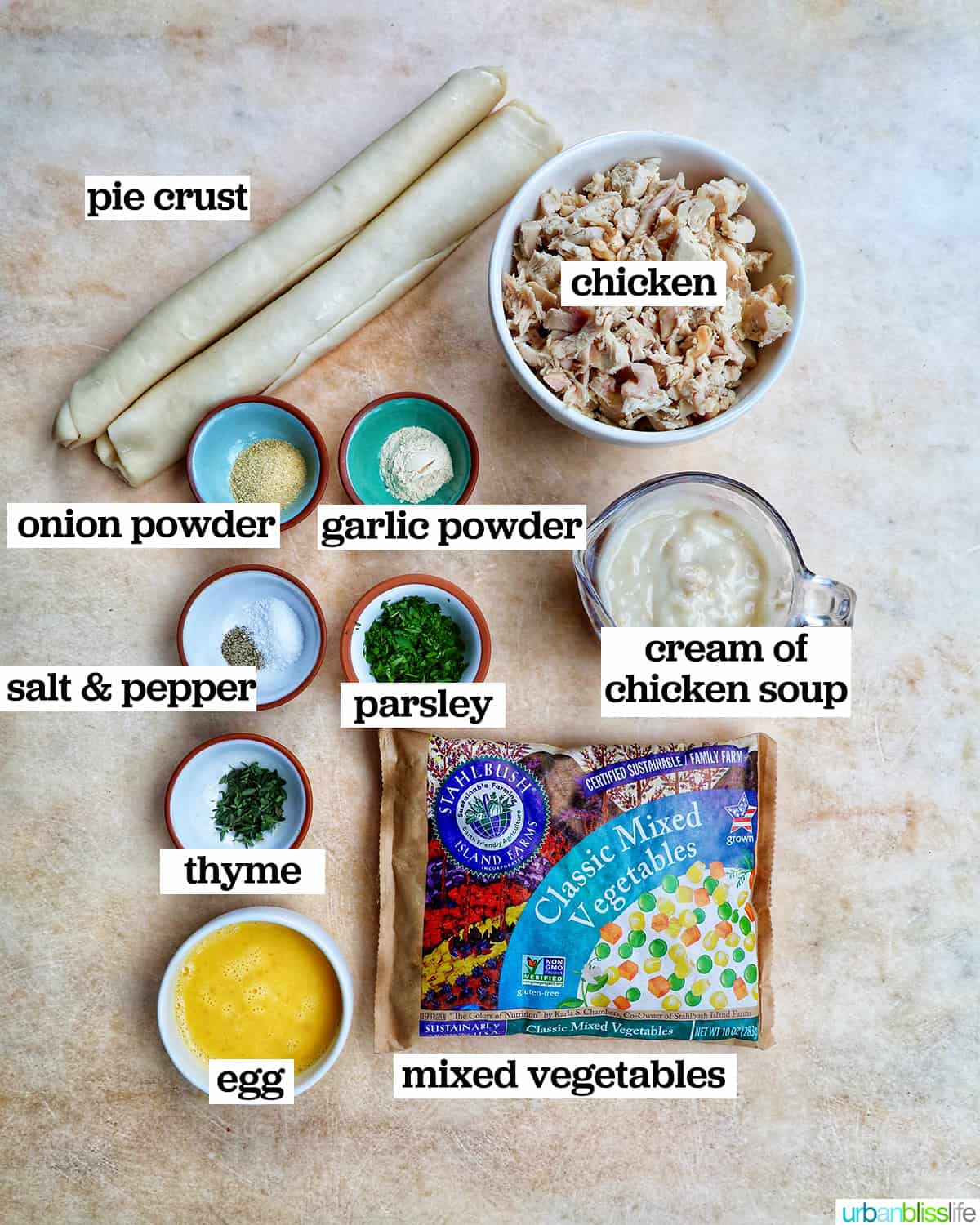 bowls of ingredients to make air fryer chicken pot pie.