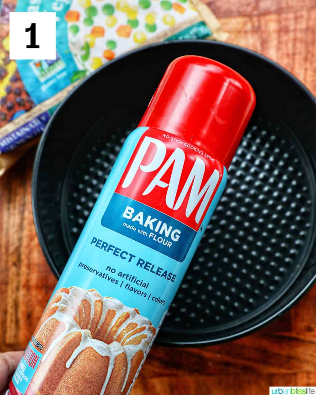 pam baking spray bottle over an air fryer baking pan.