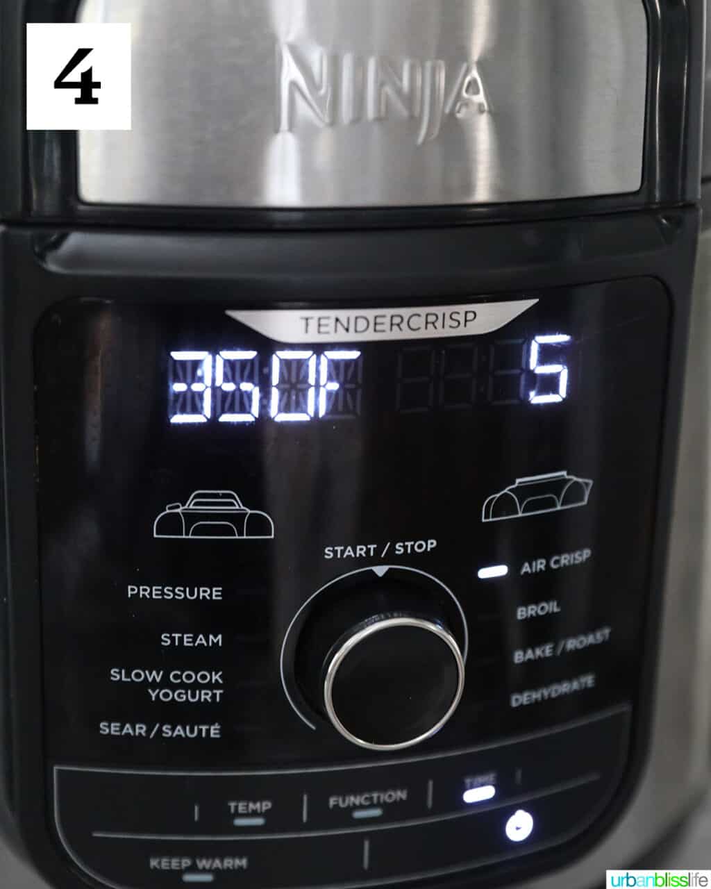 air fryer ninja foodi set to air fry at 350 degrees for 5 minutes.