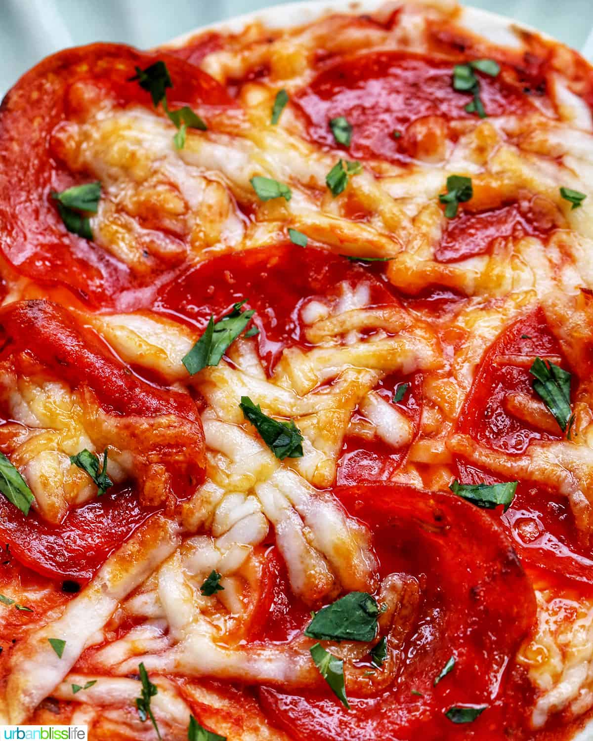 closeup of cheese and pepperoni air fryer mini pizza.