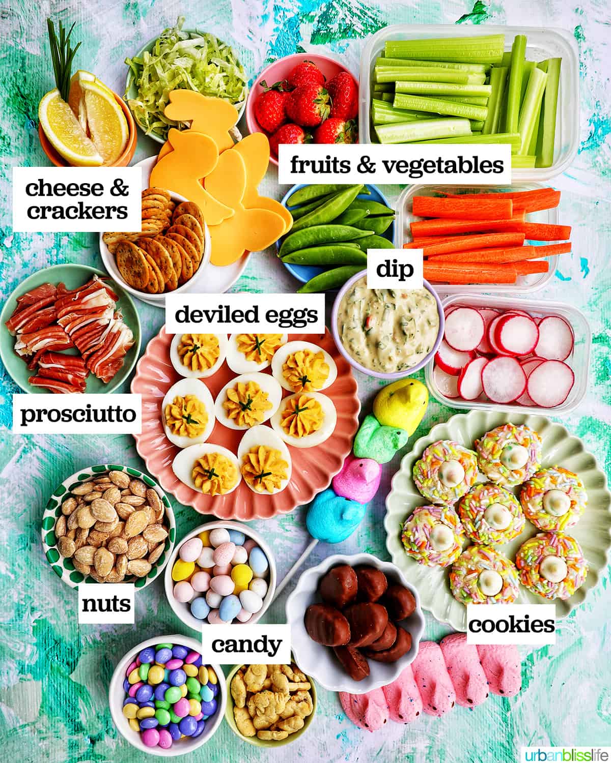 Bowls of ingredients to make an Easter Charcuterie Board.