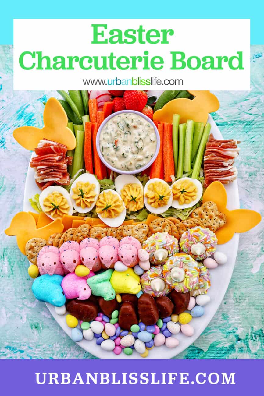 Easter Charcuterie Board with savory and sweet snacks.