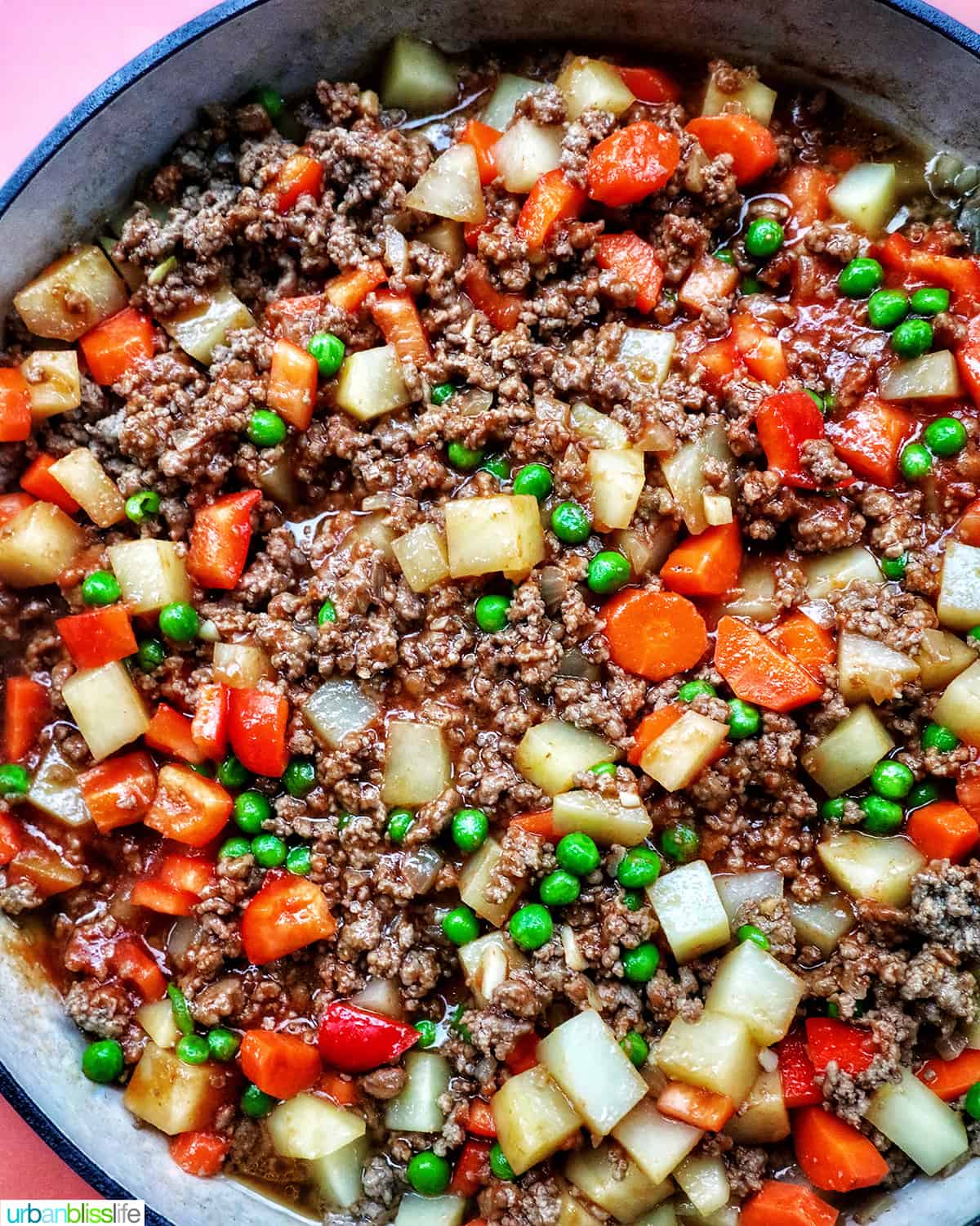 Filipino beef giniling cooked in a large pan.