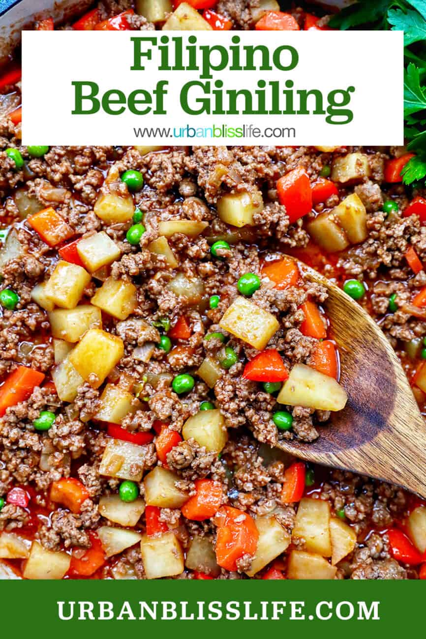 Filipino Beef Giniling (picadillo) in a large pan with a wooden spoon and side of parsley with title text overlay.