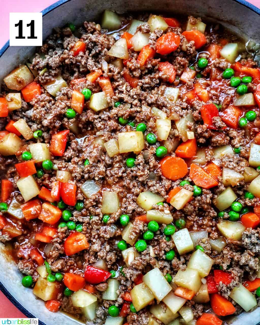cooked Filipino Beef Giniling (picadillo) in a large pan.