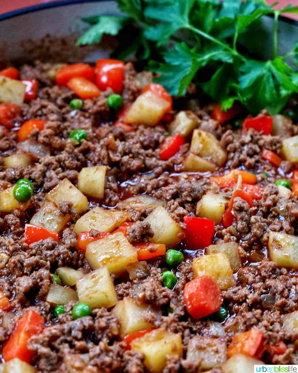 Filipino beef giniling in a pan with garnish of parsley.