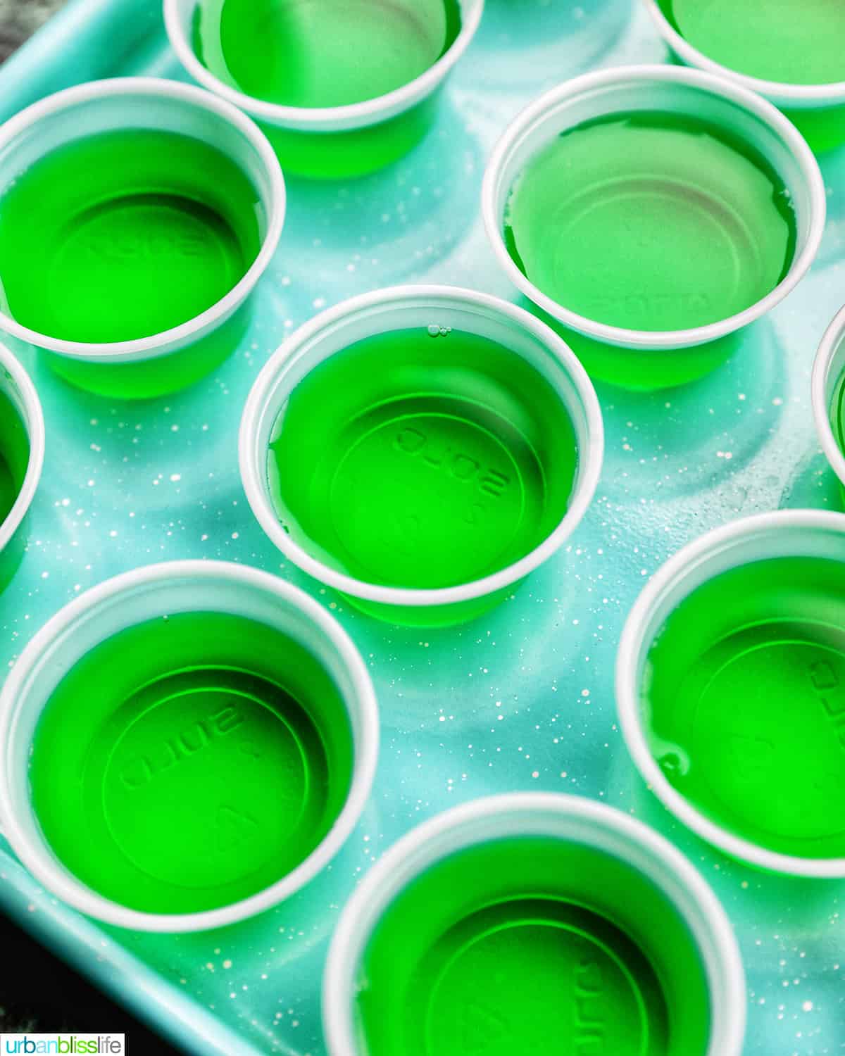 several green jello shots on a blue plate.
