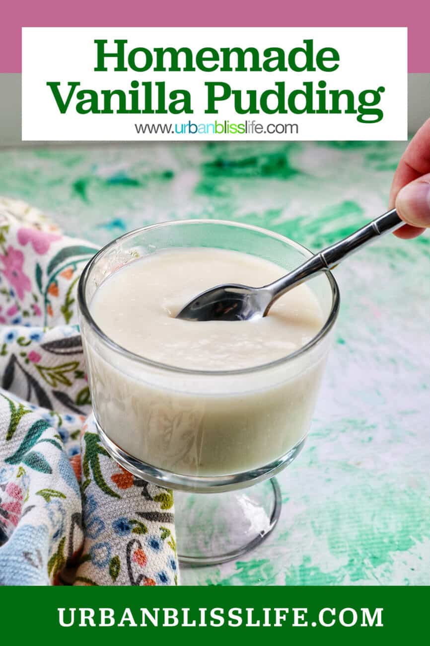 spoon dipped into a parfait bowl with homemade vanilla pudding and title text overlay.