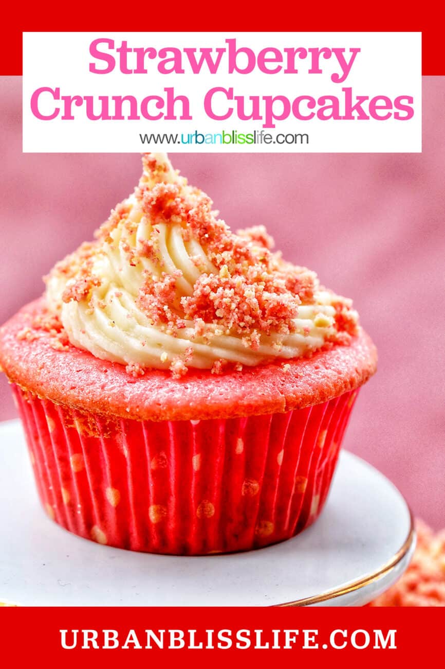 strawberry crunch cupcake in a polka dot cupcake liner.
