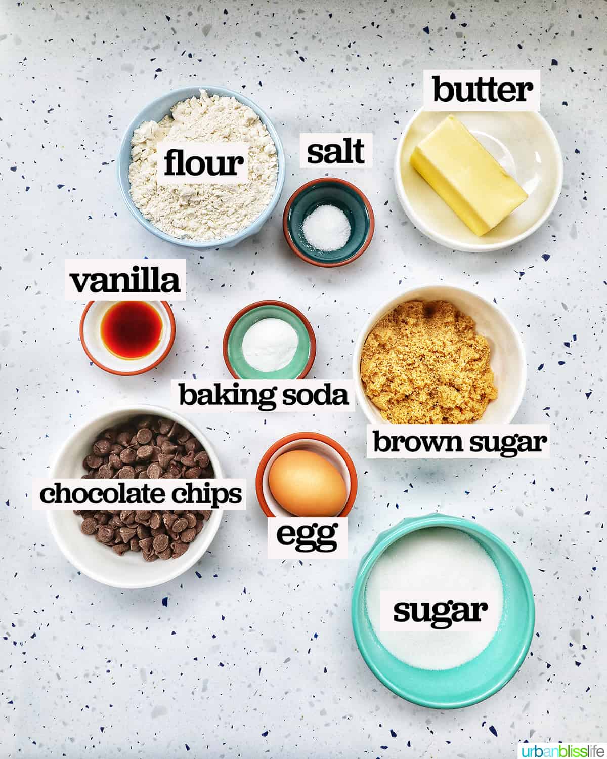bowls of ingredients to make air fryer cookies with text overlays.