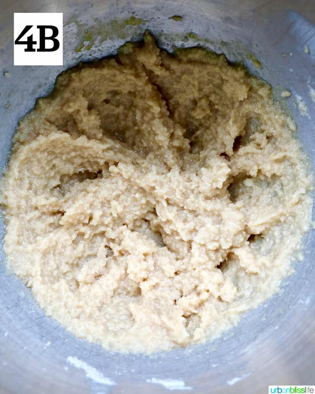 cookie dough batter in a stand mixer bowl.