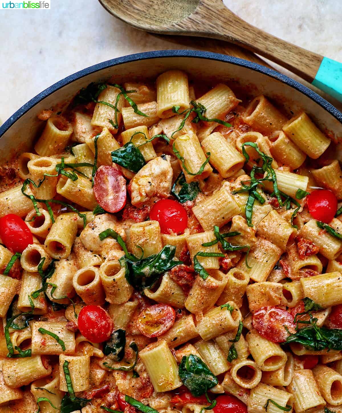 rigatoni pasta in a creamy Tuscan sauce with chicken, tomatoes, and herbs.