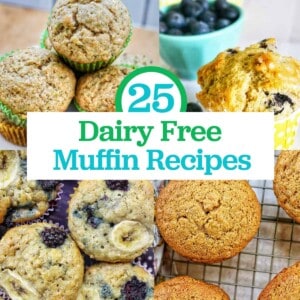 photos of dairy free vegan zucchini muffins and dairy free lemon blueberry muffins with title text that reads "25 dairy free muffin recipes."