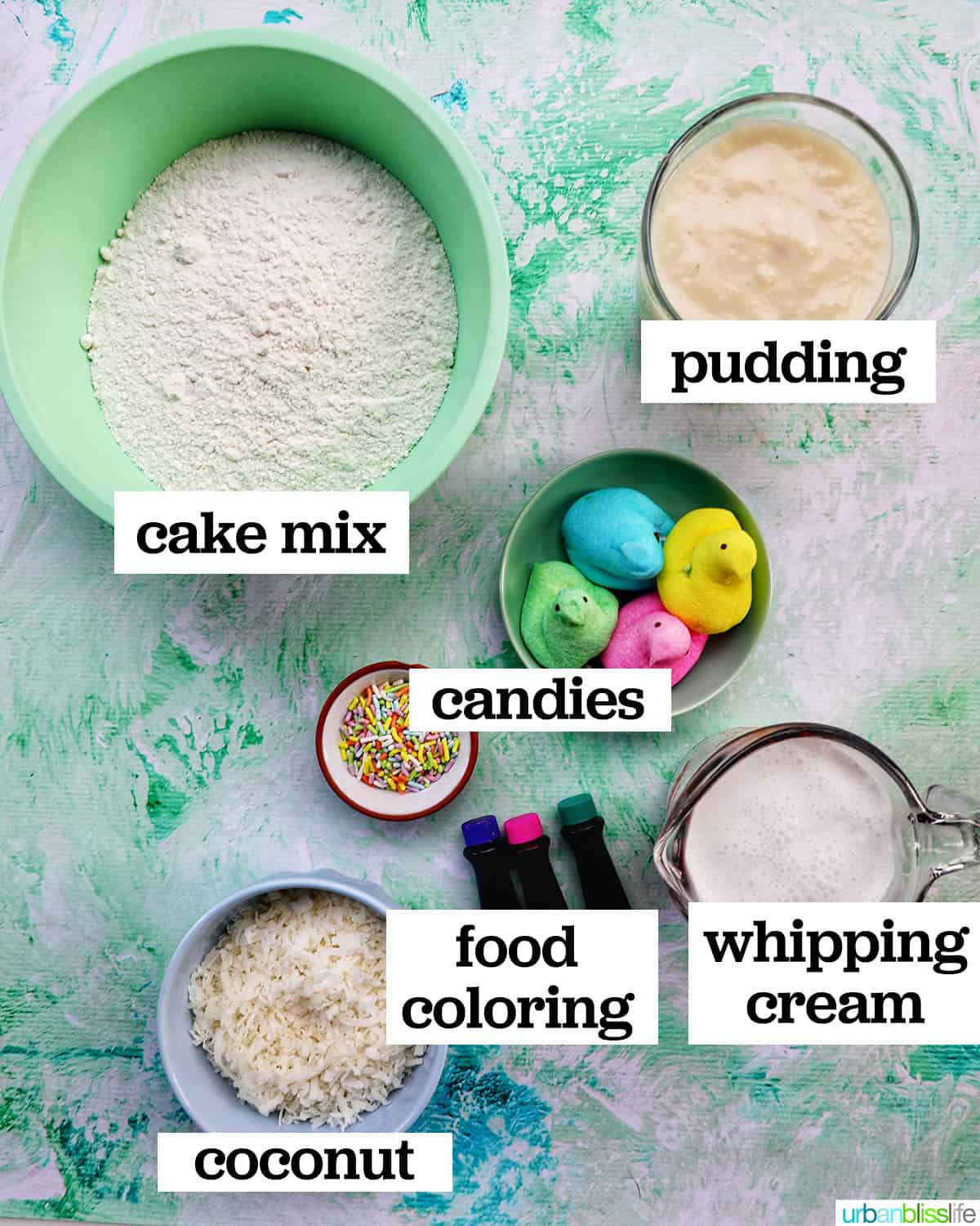 bowls of ingredients to make Easter Trifle.