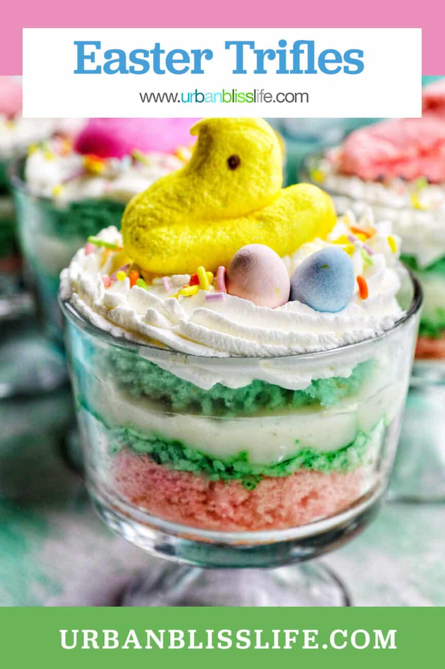 easter trifle with layers of colored cake, shredded coconut, vanilla pudding, and easter candies in a parfait glass with title text overlay.