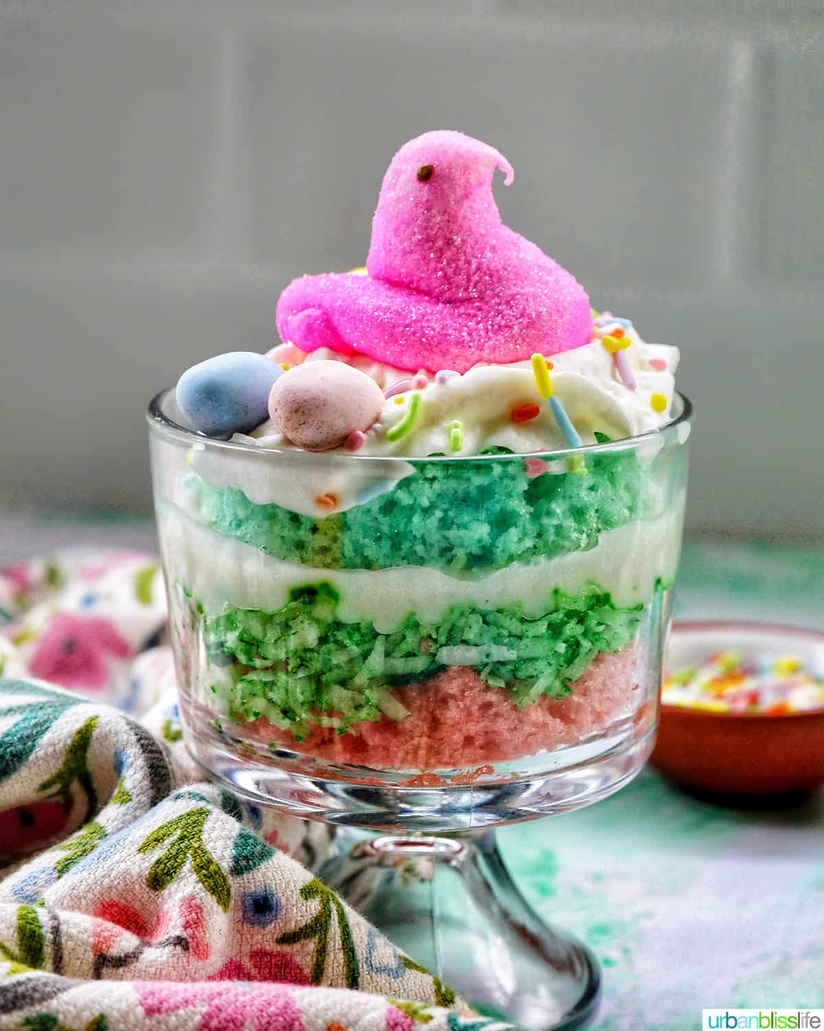Easter trifle with layers of pastel colored cake, shredded coconut, vanilla pudding, and whipped cream, topped with colorful Easter candies.