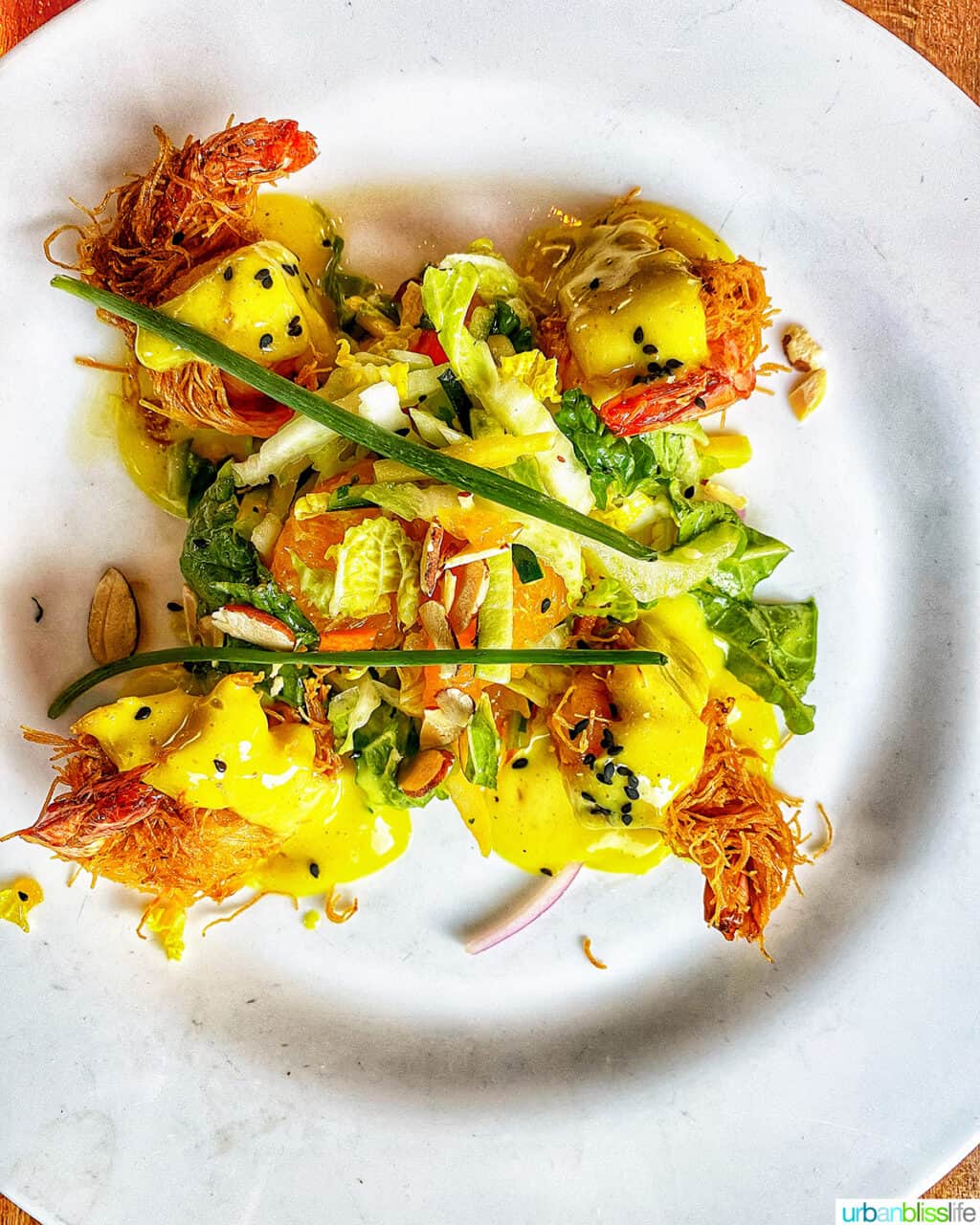 phyllo wrapped tiger prawns at opal restaurant in santa barbara, california
