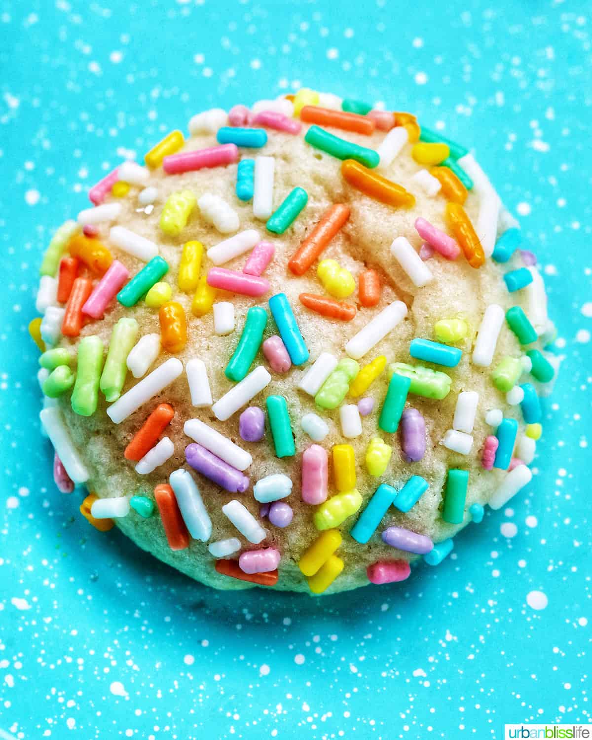 single almond sprinkle cookie on a blue speckled plate.