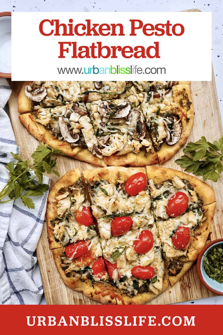 slices of chicken pesto flatbread on a plate with title text overlay.