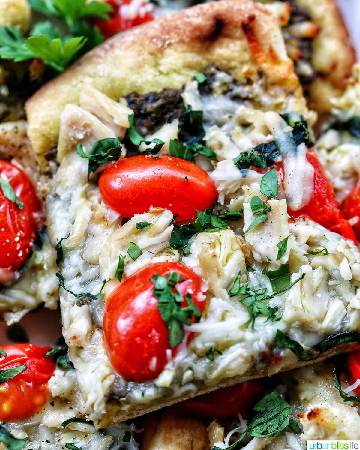 slices of chicken pesto flatbread on a plate.