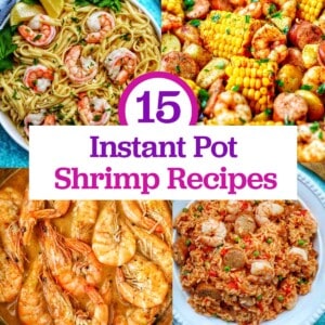 photos of Instant Pot shrimp scampi, shrimp boil, adobo shrimp, and seafood jambalaya with title text that reads "Instant Pot Shrimp Recipes."