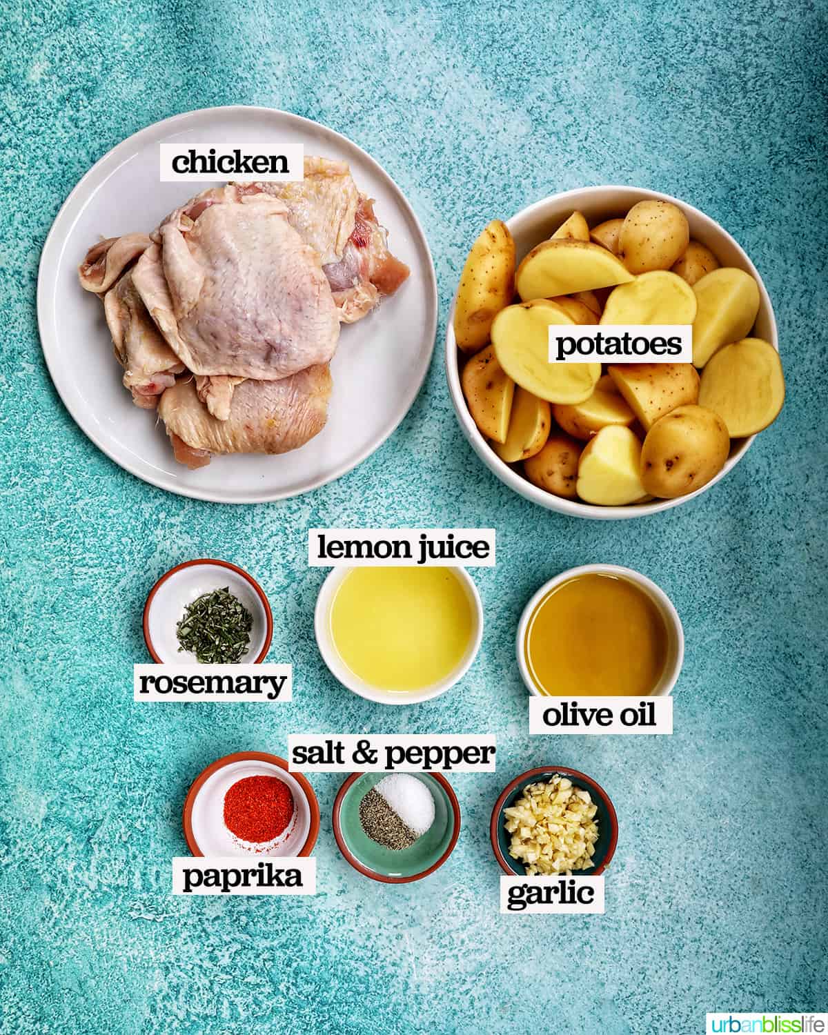 bowls of ingredients to make sheet pan chicken and potatoes.